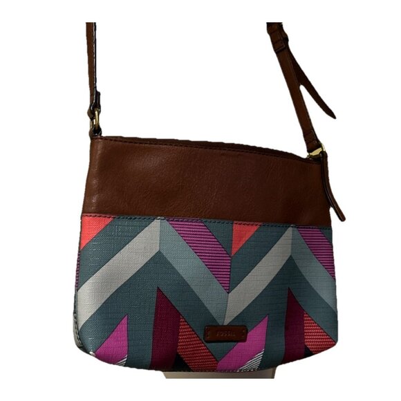 Fossil Handbags - FOSSIL Fiona Multicolor Chevron Coated Canvas Satchel Crossbody Bag Purse Med